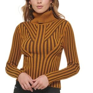 DKNY JEANS Turtleneck Sweater Brown Yellow Long-sleeve Ribbed Pullover Small